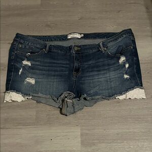 Torrid Dark Blue Jean Shorts with Lace Trim